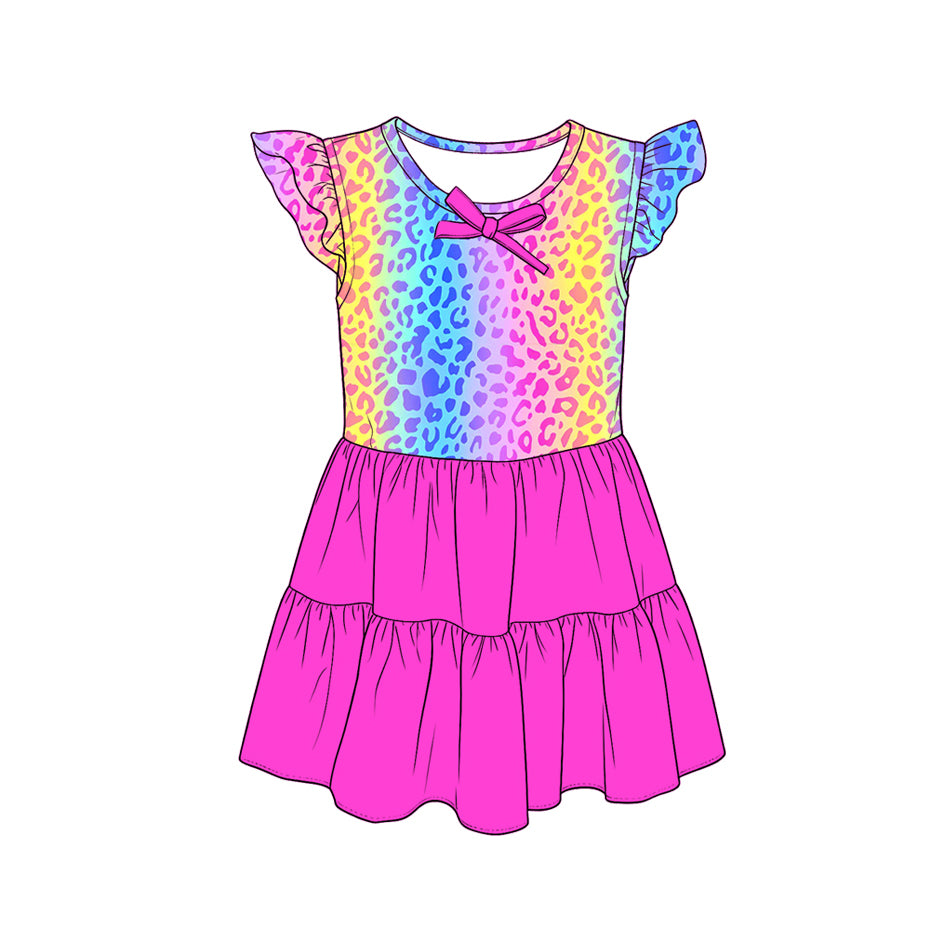 ( Moq 5 ) Preorder Baby Girls Kids Short Sleeves Leopard Knee Length Dress Hot Pink Clothes