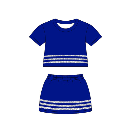( Moq 5 ) Preorder Baby Girls Kids Short Sleeves Stripes Shirt Skirt Shorts Set Blue Cotton Clothes