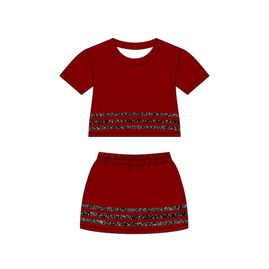 ( Moq 5 ) Preorder Baby Girls Kids Short Sleeves Stripes Shirt Skirt Shorts Set Red Cotton Clothes