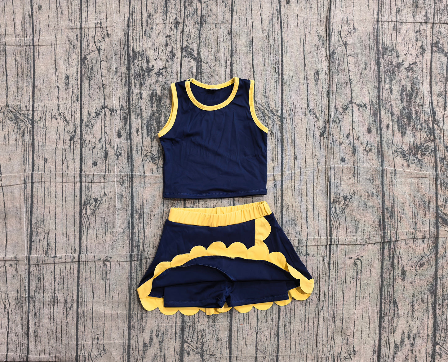 ( No moq ) Preorder Baby Girls Kids Sleeveless Navy Shirt Scallop Skirt Shorts Yoga Active Set Clothes