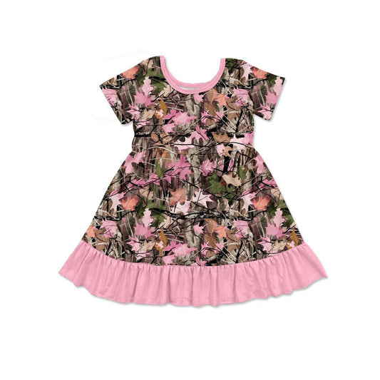 ( Moq 5 ) Preorder Baby Girls Kids Short Sleeves Leaves Pink Ruffle Knee Length Dress