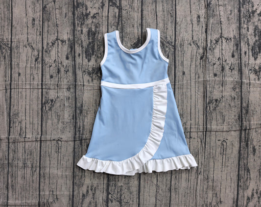 ( No moq ) Preorder Baby Girls Kids Sleeveless Shorts Knee Length Scallop Light Blue Dress Yoga Active Clothes