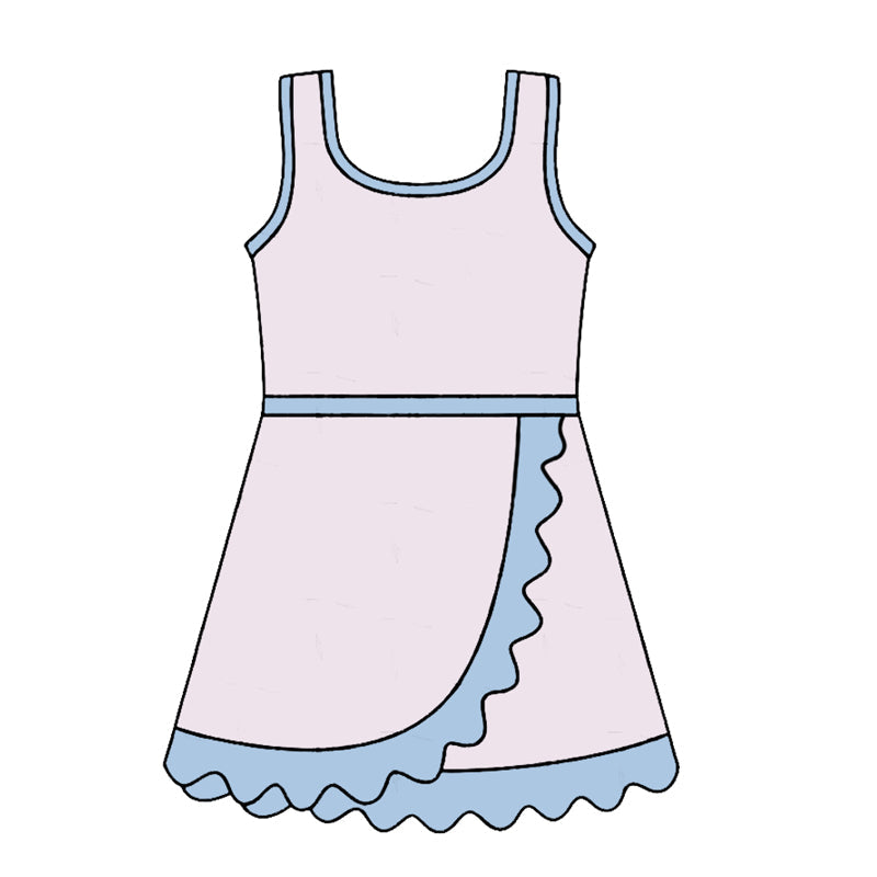 ( Moq 5 ) Preorder Baby Girls Kids Sleeveless Shorts Blue Scallop Light Pink Dress Yoga Active Clothes