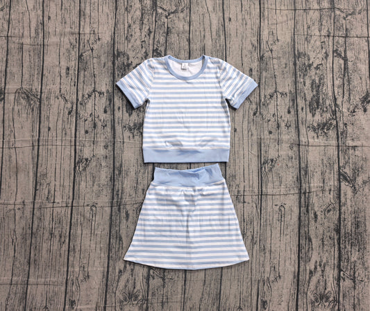 ( No moq ) Preorder Baby Girls Kids Short Sleeves Shirt Blue Stripes Skirt Shorts Set Yoga Active Clothes