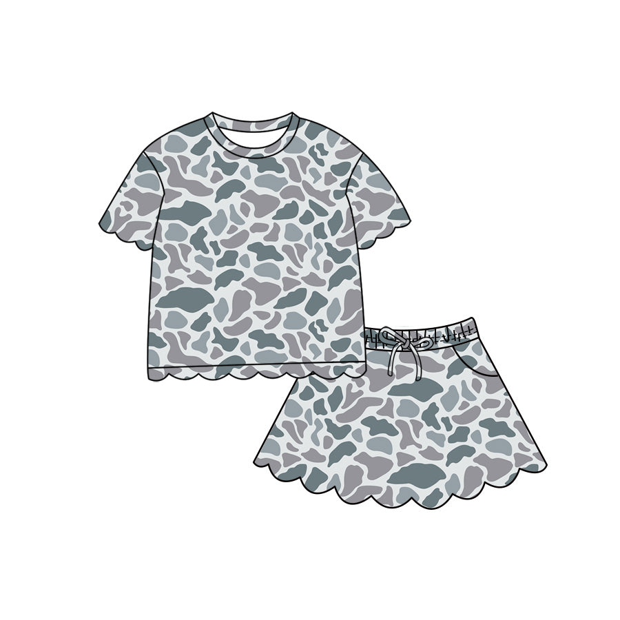 ( Moq 5 ) Preorder Baby Girls Kids Short Sleeves Scallop Shirt Skirt Shorts Grey Camo Set Clothes