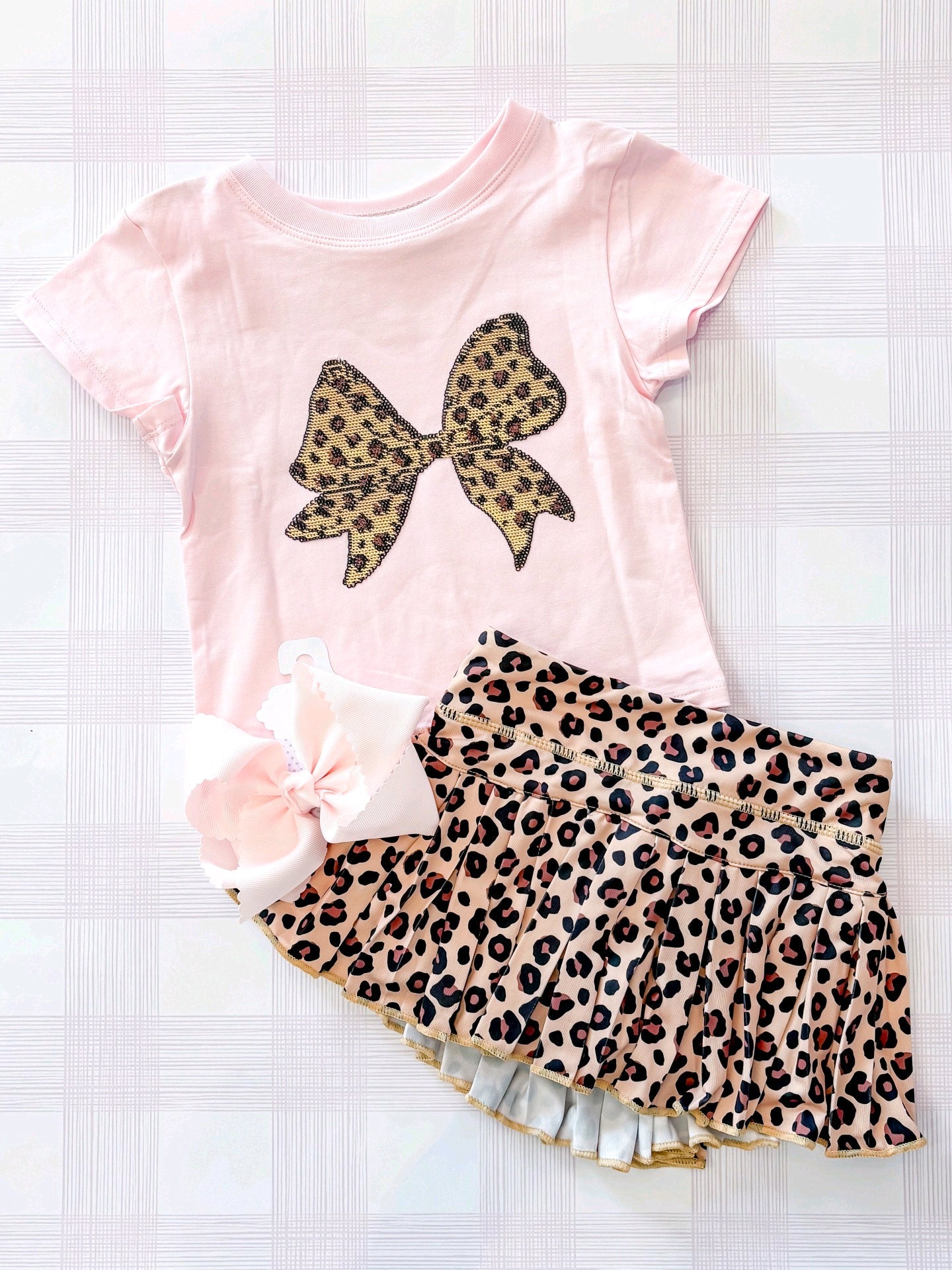 ( Moq 5 ) Preorder Baby Girls Kids Short Sleeves Bows Shirt Leopard Skirt Set Summer Clothes