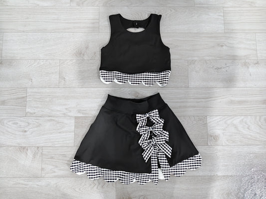 ( No moq ) Preorder Baby Girls Kids Scallop Shirt Black Plaid Bows Skirt Shorts Set Yoga Active Clothes
