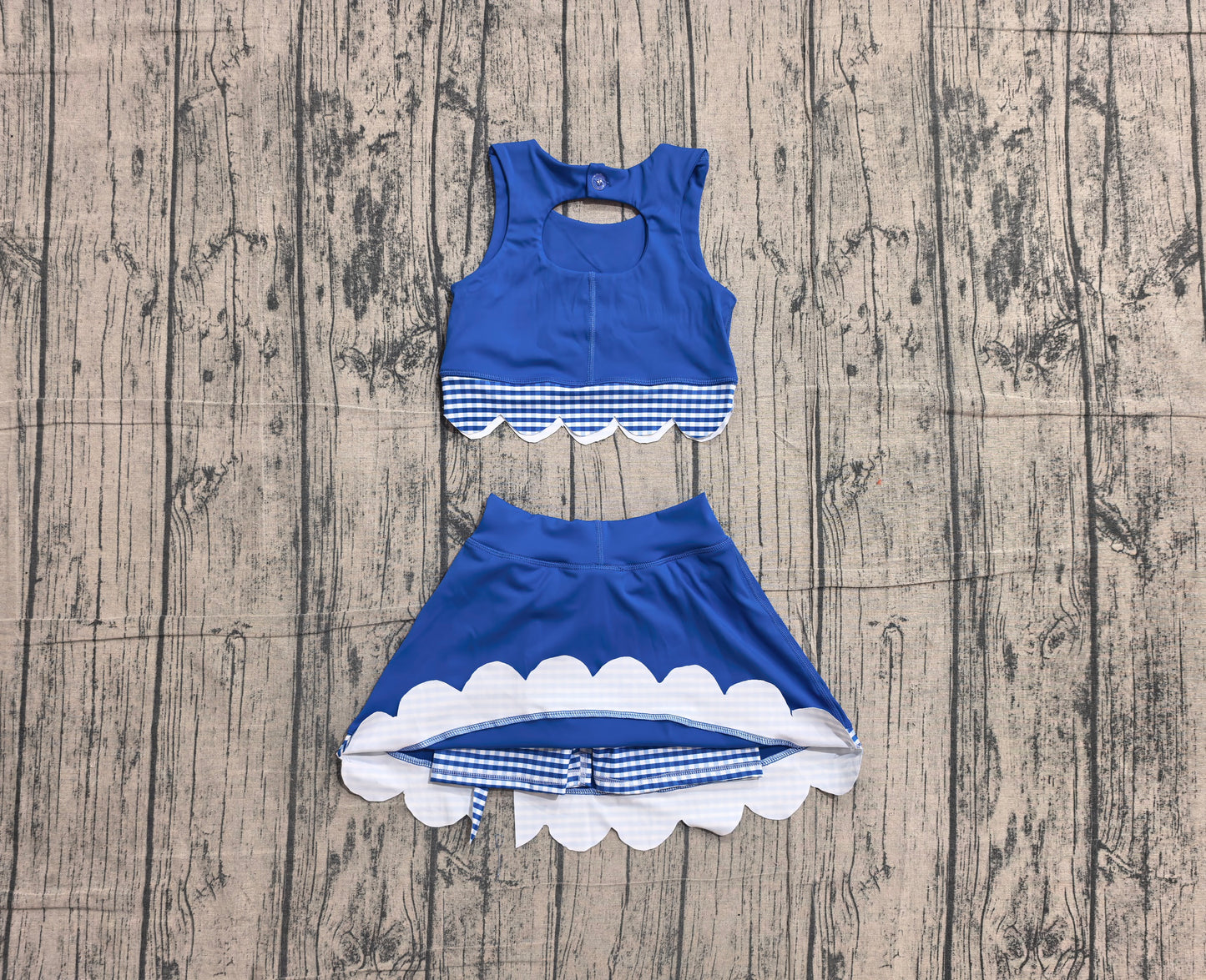 ( No moq ) Preorder Baby Girls Kids Scallop Shirt Blue Plaid Bows Skirt Shorts Set Yoga Active Clothes