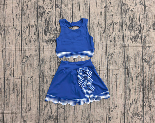 ( No moq ) Preorder Baby Girls Kids Scallop Shirt Blue Plaid Bows Skirt Shorts Set Yoga Active Clothes