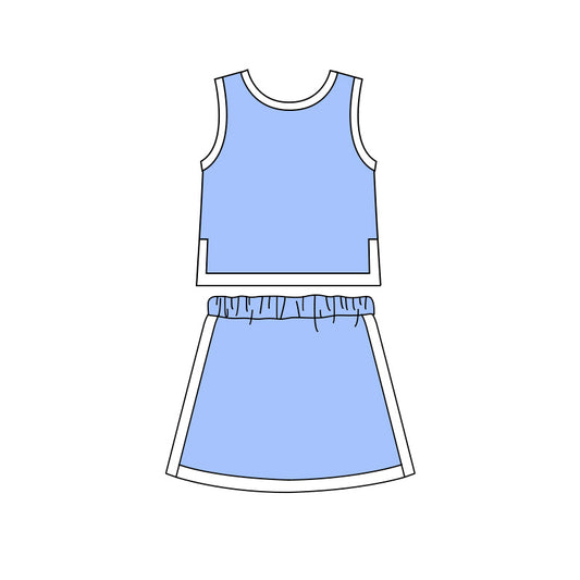 ( Moq 5 ) Preorder Baby Girls Kids Sleeveless Blue Shirt Skirt Shorts Cotton Set Clothes