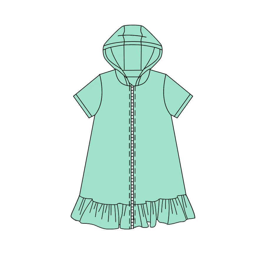 ( Moq 5 ) Preorder Baby Girls Kids Short Sleeves Green Hoodie Zipper Ruffle Dress Yoga Active Clothes