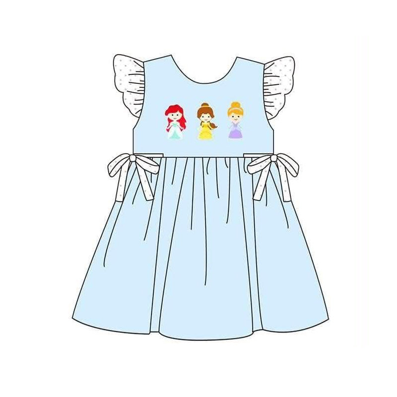 ( Moq 5 ) Preorder Baby Girls Kids Short Sleeves Princess Bows Knee Length Blue Dress