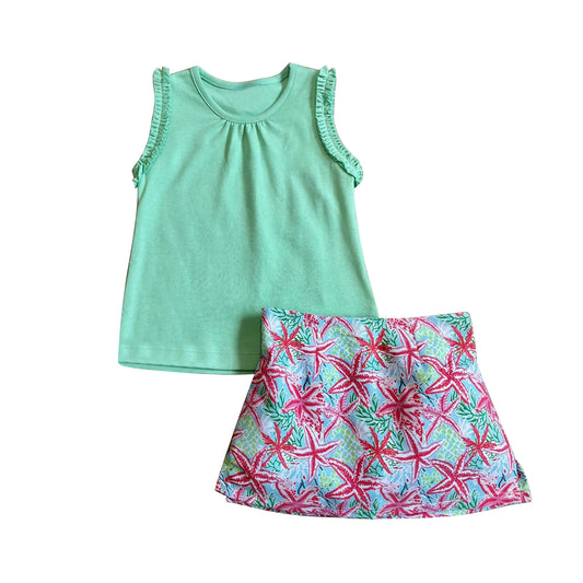 ( Moq 5 ) Preorder Baby Girls Kids Green Cotton Tops Starfish Yoga Skirt Shorts Set