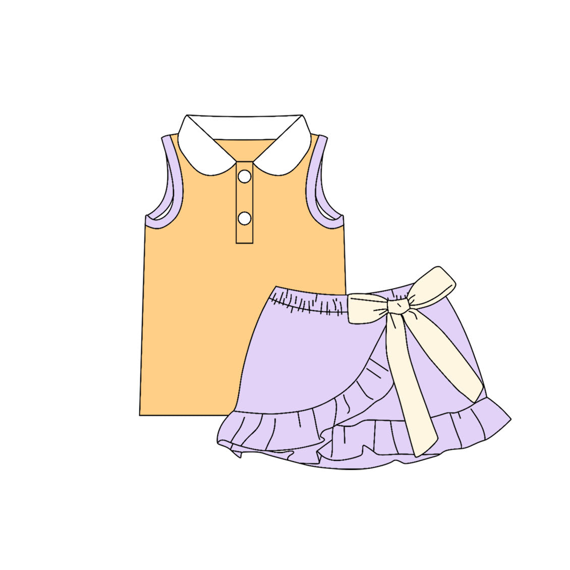 ( Moq 5 ) Preorder Baby Girls Kids Buttons Orange Shirt Bow Ruffle Purple Skirt Shorts Set Cotton Clothes