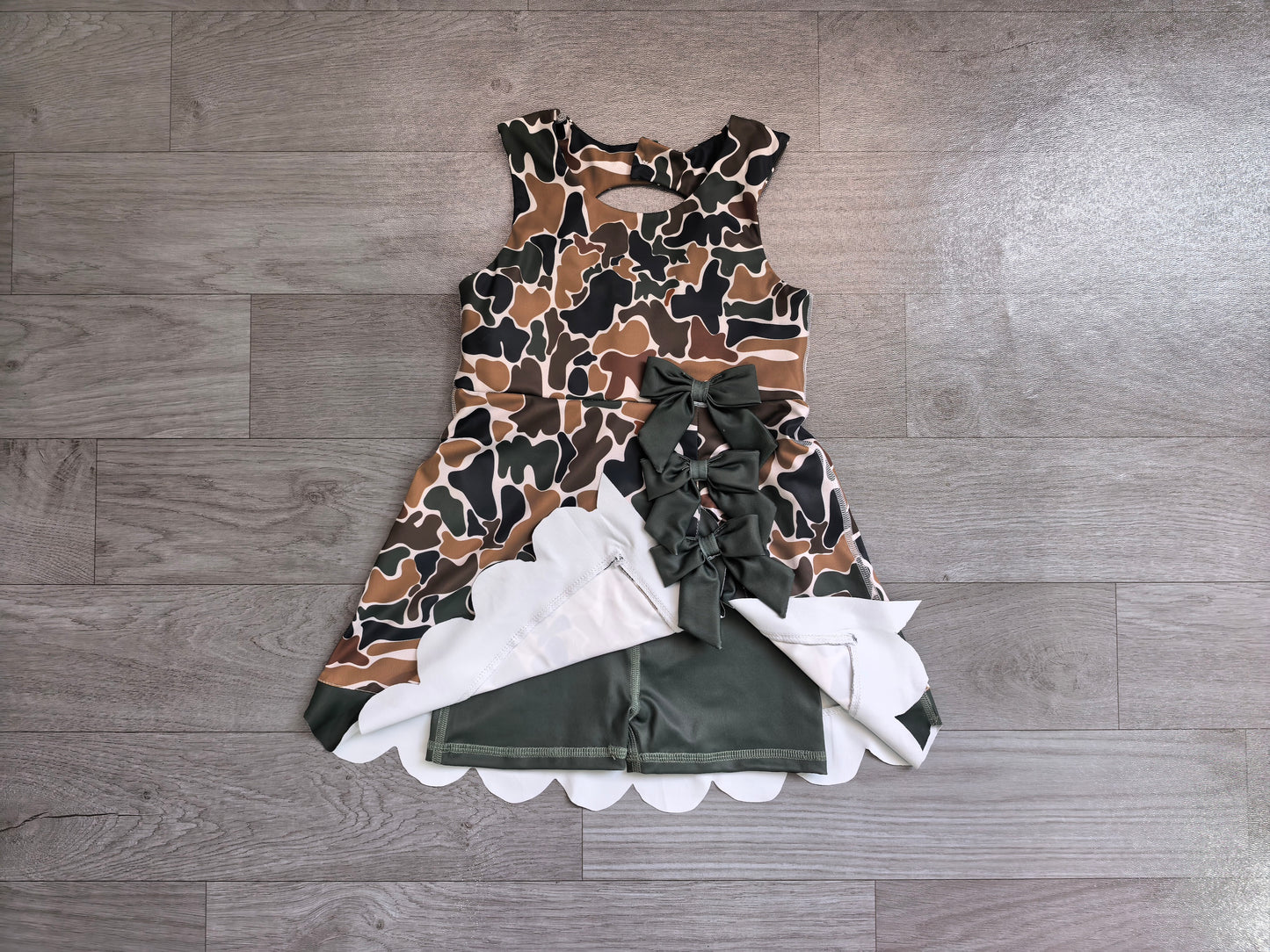 ( No moq ) Preorder Baby Girls Kids Brown Green Camo Bows Shorts Scallop Dress Yoga Active Clothes
