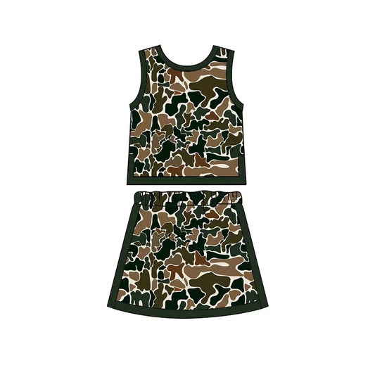 ( Moq 5 ) Preorder Baby Girls Kids Brown Green Camo Tops Skirt Shorts Set Yoga Active Clothes