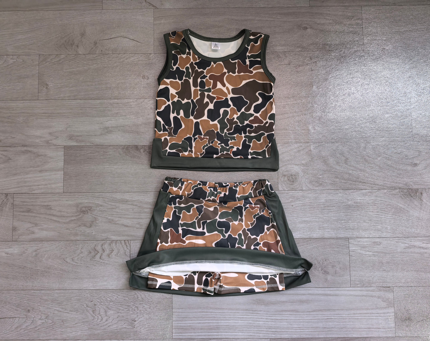 ( No moq ) Preorder Baby Girls Kids Brown Green Camo Tops Skirt Shorts Set Yoga Active Clothes