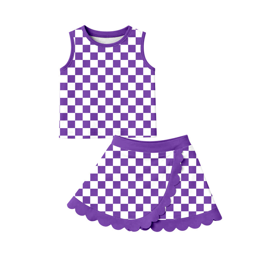 ( Moq 5 ) Preorder Baby Girls Kids Sleeveless Purple Checked Shirt Scallop Skirt Shorts Yoga Active Set Clothes