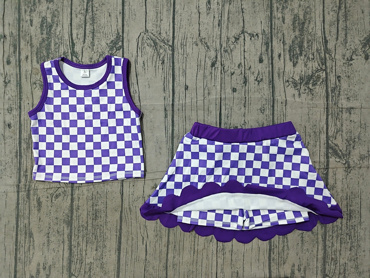 ( No moq ) Preorder Baby Girls Kids Sleeveless Purple Checked Shirt Scallop Skirt Shorts Yoga Active Set Clothes