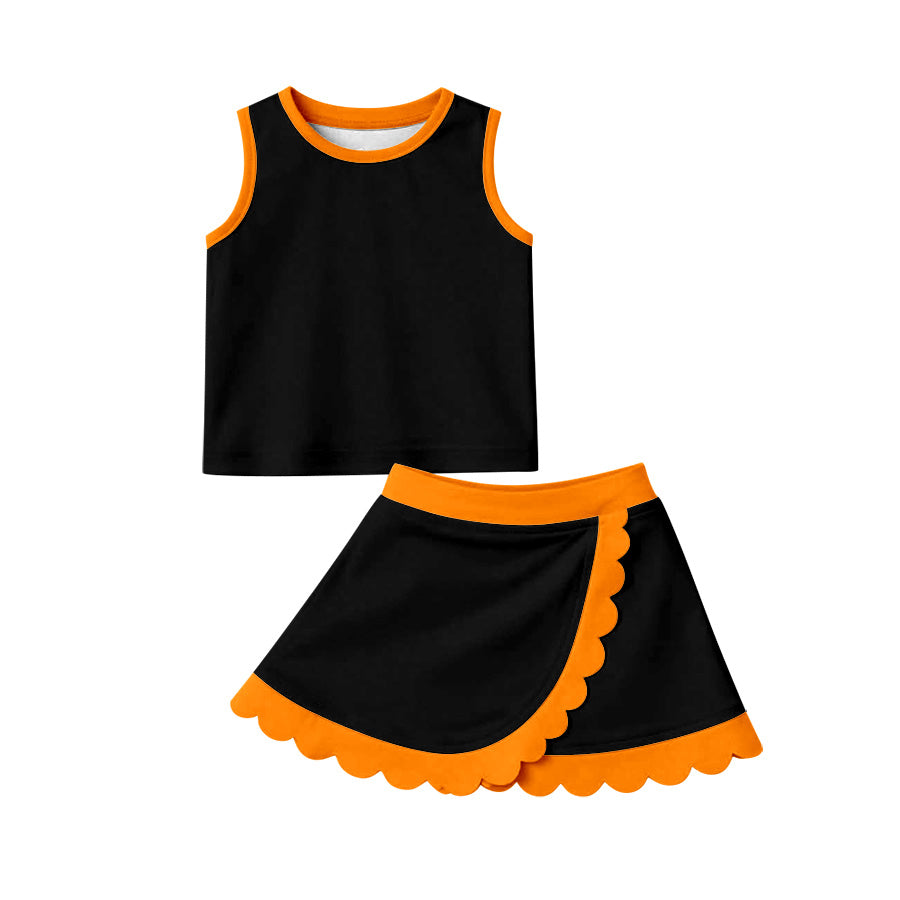 ( Moq 5 ) Preorder Baby Girls Kids Black Shirt Orange Scallop Skirt Shorts Yoga Active Set Clothes