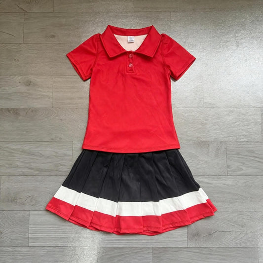 ( No moq ) Preorder Baby Girls Kids Red Buttons Shirt Skirt Shorts Yoga Active Set Clothes