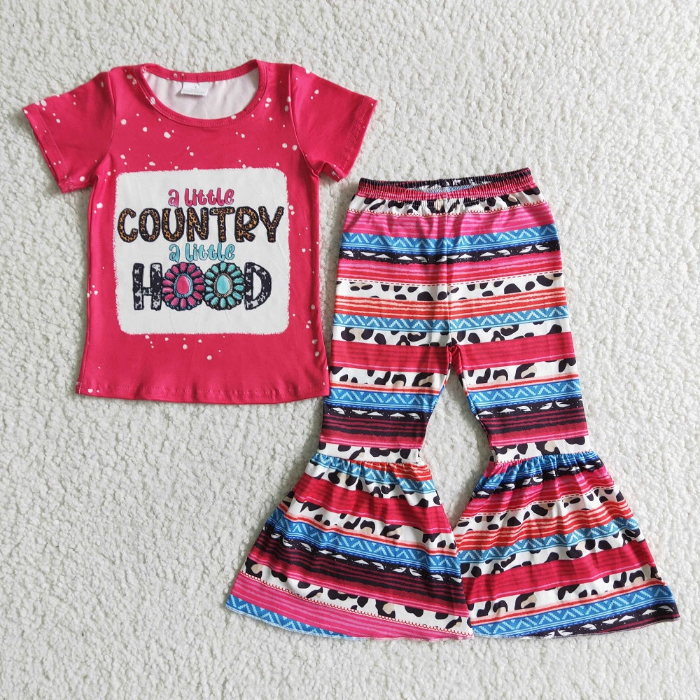Promotion Baby Girl Short Sleeves Western Cow Shirt Bell Pants Outfit RTS