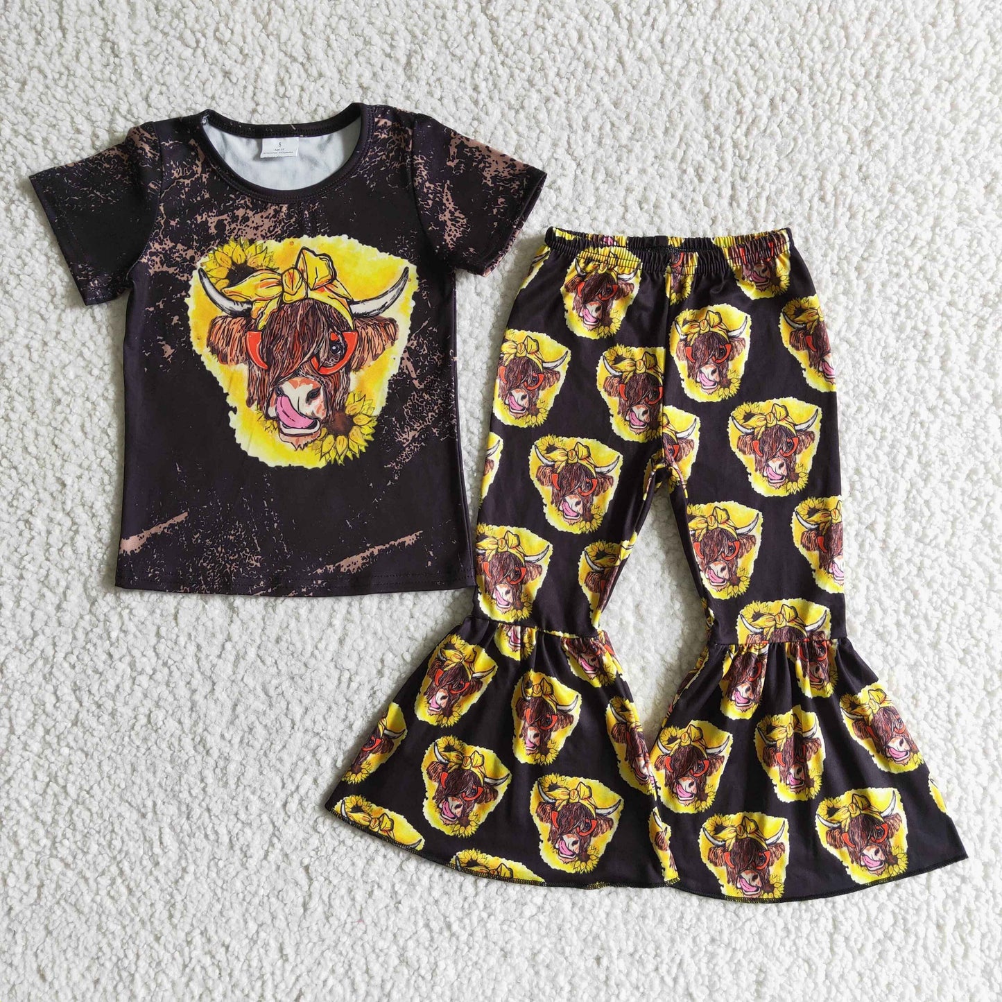 Promotion Baby Girl Western Bell Cow Print Pants Outfit RTS