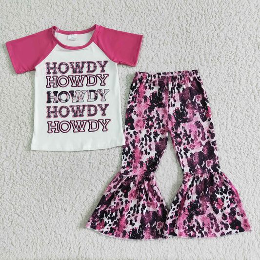 Promotion Baby Girl Howdy Pink Cow Print Bell Pants Set RTS