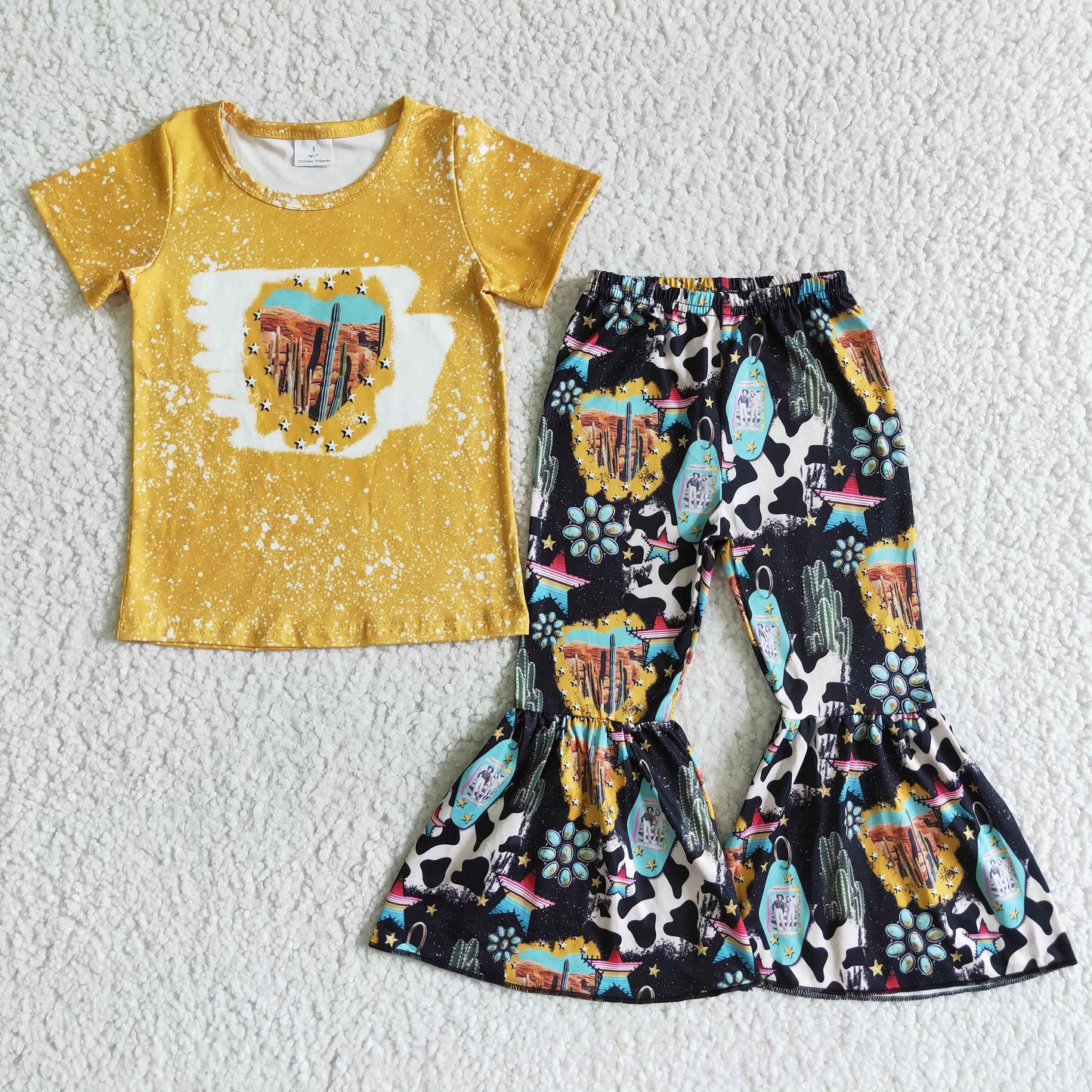 Promotion Western Cactus Baby Girl Summer Bell Bottom Pants Outfit RTS
