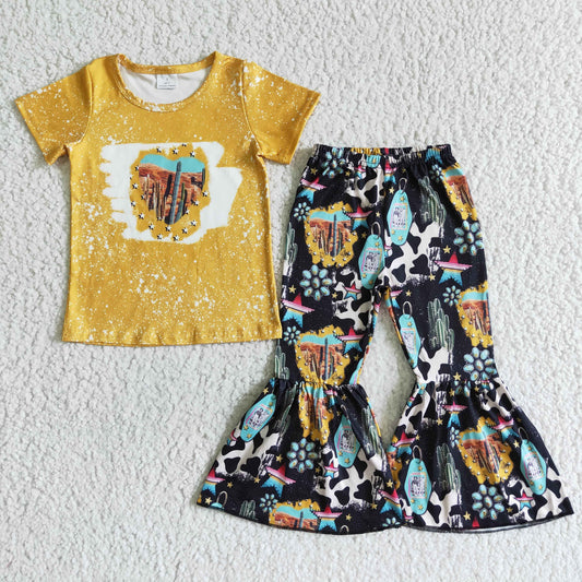 Promotion Western Cactus Baby Girl Summer Bell Bottom Pants Outfit RTS