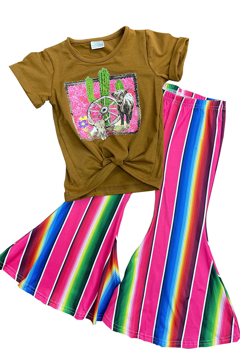 Promotion Baby Girl Cow Cactus Shirt Stripes Bell Pants Set