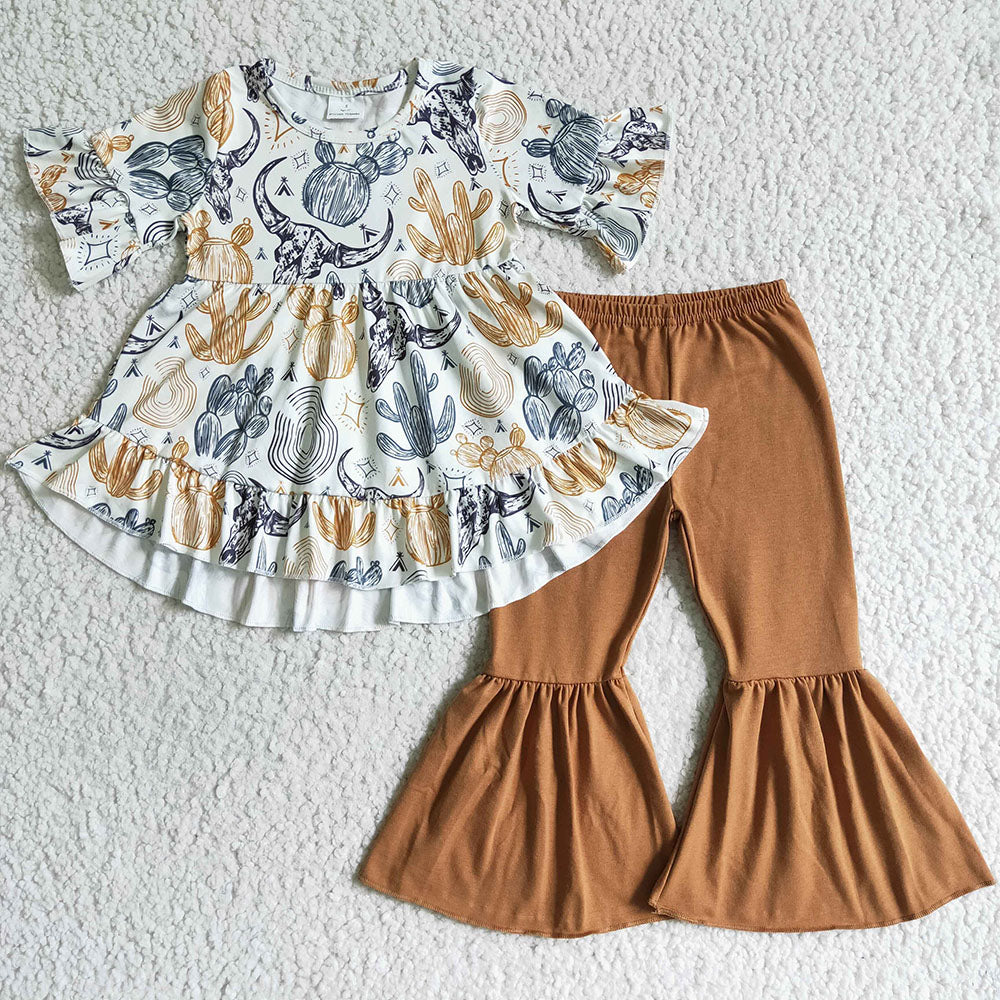 Sibling Baby Girls Short Sleeves Ruffle Tunic Western Print Bell Pants Clothes Sets RTS