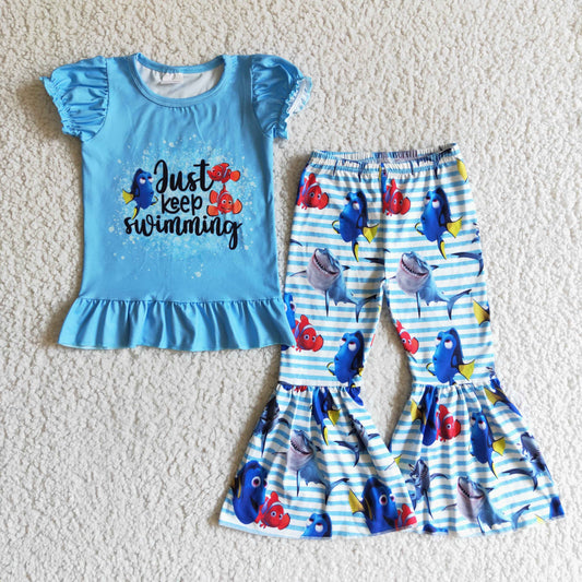 Promotion Baby Girl Blue Short Sleeves Fish Shirt Bell Pants Outfit RTS