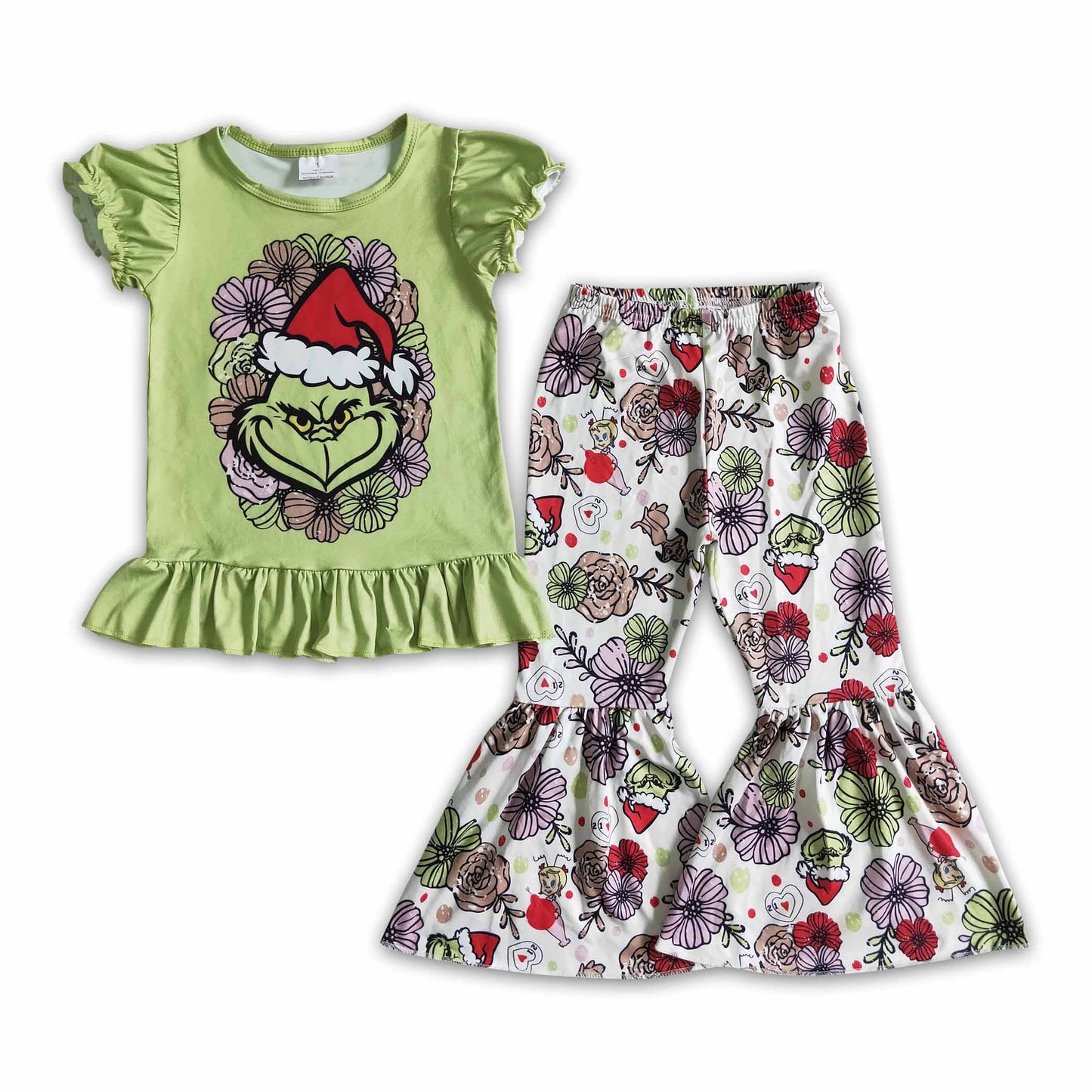 Promotion Baby Girl Kids Green Face Shirt Flower Pants Christmas Outfit RTS