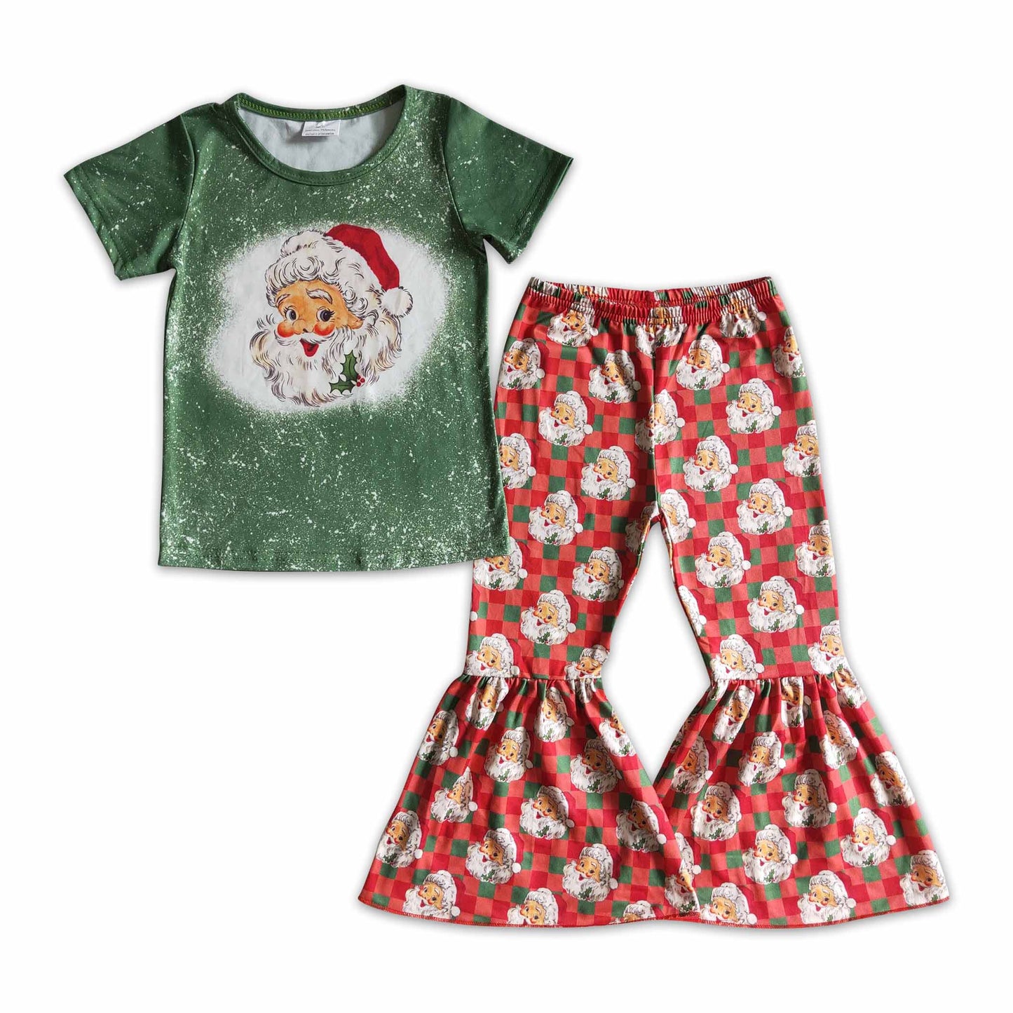 Promotion Baby Girl Green Shirt Christmas Santa Plaid Bell Pants Outfit RTS