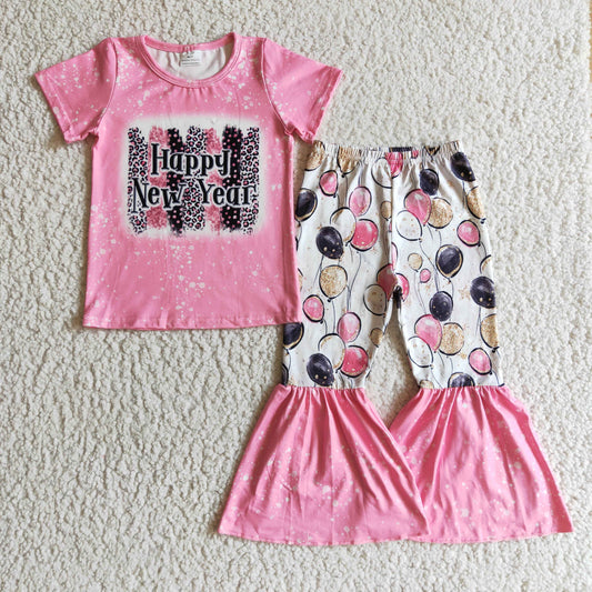 Promotion Baby Girl Pink Short Sleeves Happy New Year Balloons Bell Pants Outfit