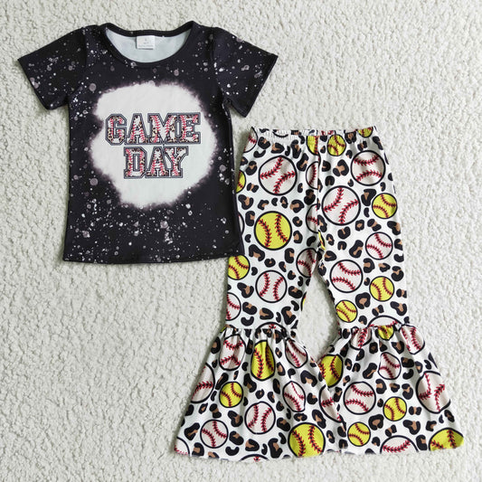 Promotion Baby Girl Short Sleeves Game Day Shirt Softball Leopard Bell Pants Outfit