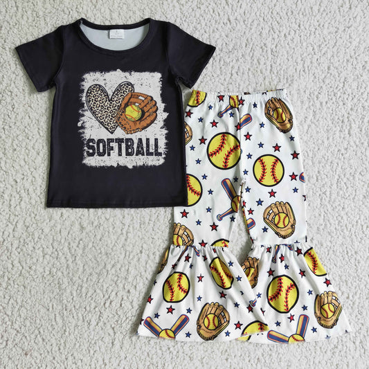 Promotion Baby Girl Short Sleeves Black Shirt Softball Bell Pants Outfit