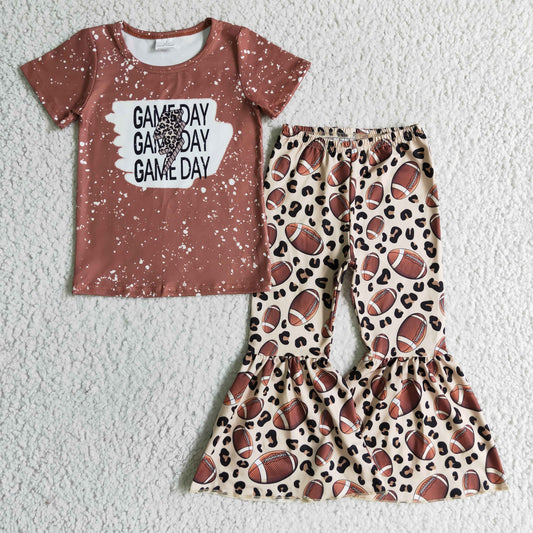 Promotion Baby Girl Short Sleeves Game Day Football Shirt Leopard Bell Pants Outfit RTS