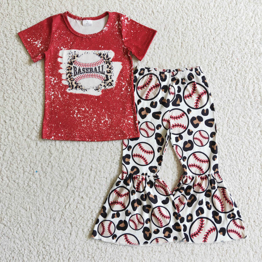 Promotion Baby Girl Short Sleeves Red Shirt Baseball Leopard Bell Pants Outfit