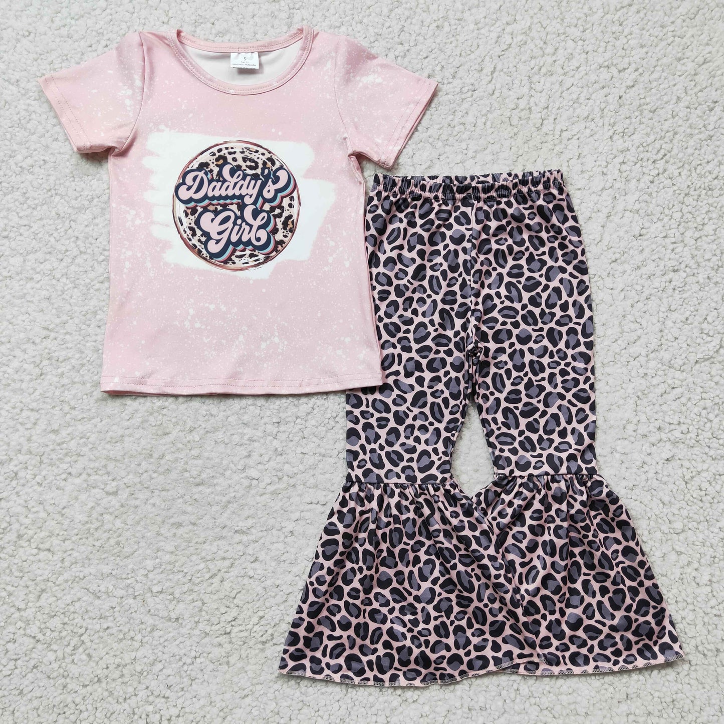Promotion Baby Kids Short Sleeves Daddy's Girl Shirt Leopard Pants Outfit RTS