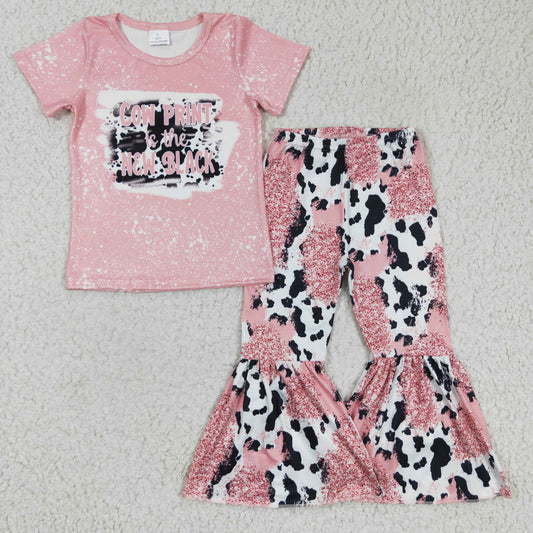 Promotion Baby Girl Pink Short Sleeves Western Cow Shirt Bell Pants Outfit RTS