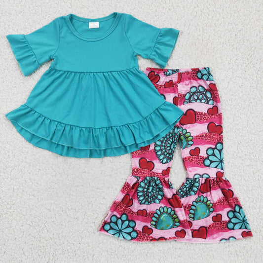 Promotion Baby Girl Blue Cotton Tunic Hearts Pants Valentine's Outfit RTS