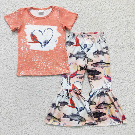 Promotion Baby Girl Short Sleeves Fishing Shirt Heart Bell Pants Set RTS