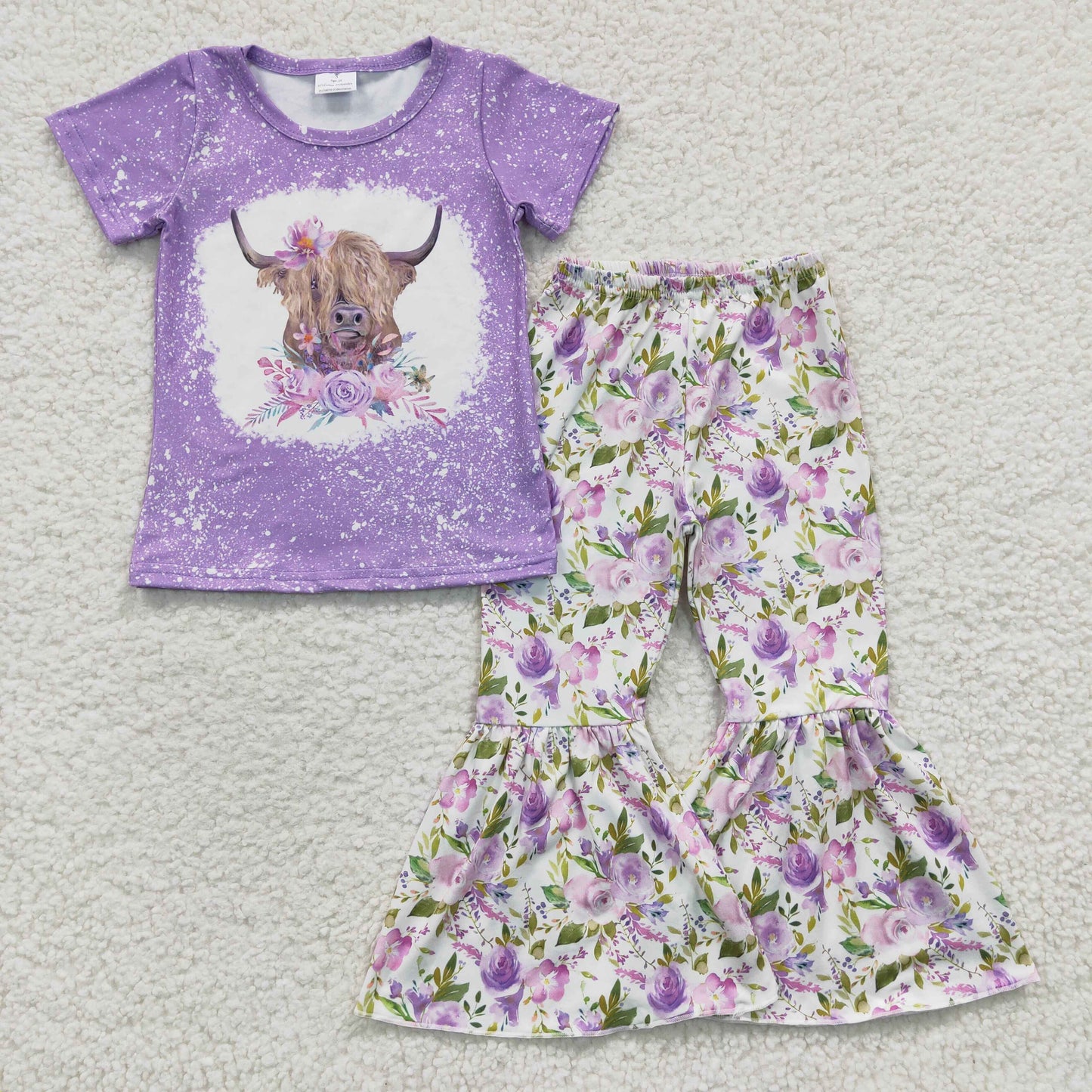 Promotion Baby Girl Western Short Sleeves Cow Shirt Floral Bell Pants Outfit RTS