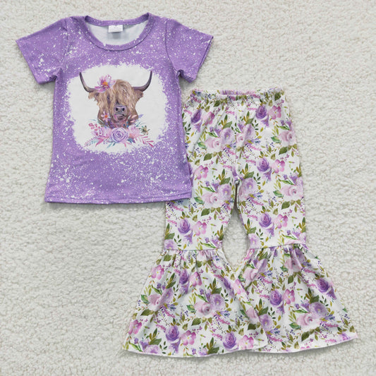 Promotion Baby Girl Western Short Sleeves Cow Shirt Floral Bell Pants Outfit RTS