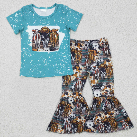 Promotion Baby Girl Green Short Sleeves Cow Shirt Pants Western Set  RTS