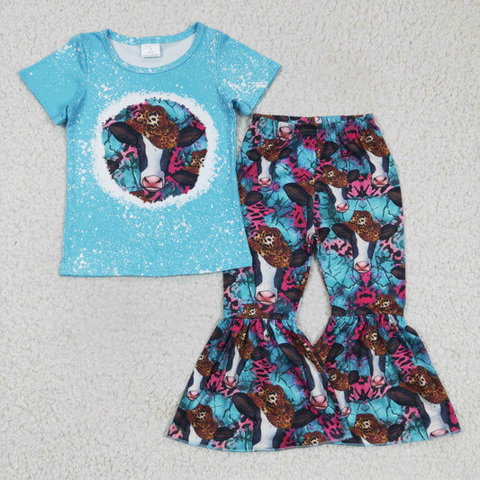 Promotion Baby Girl Blue Short Sleeves Western Cow Shirt Bell Pants Set