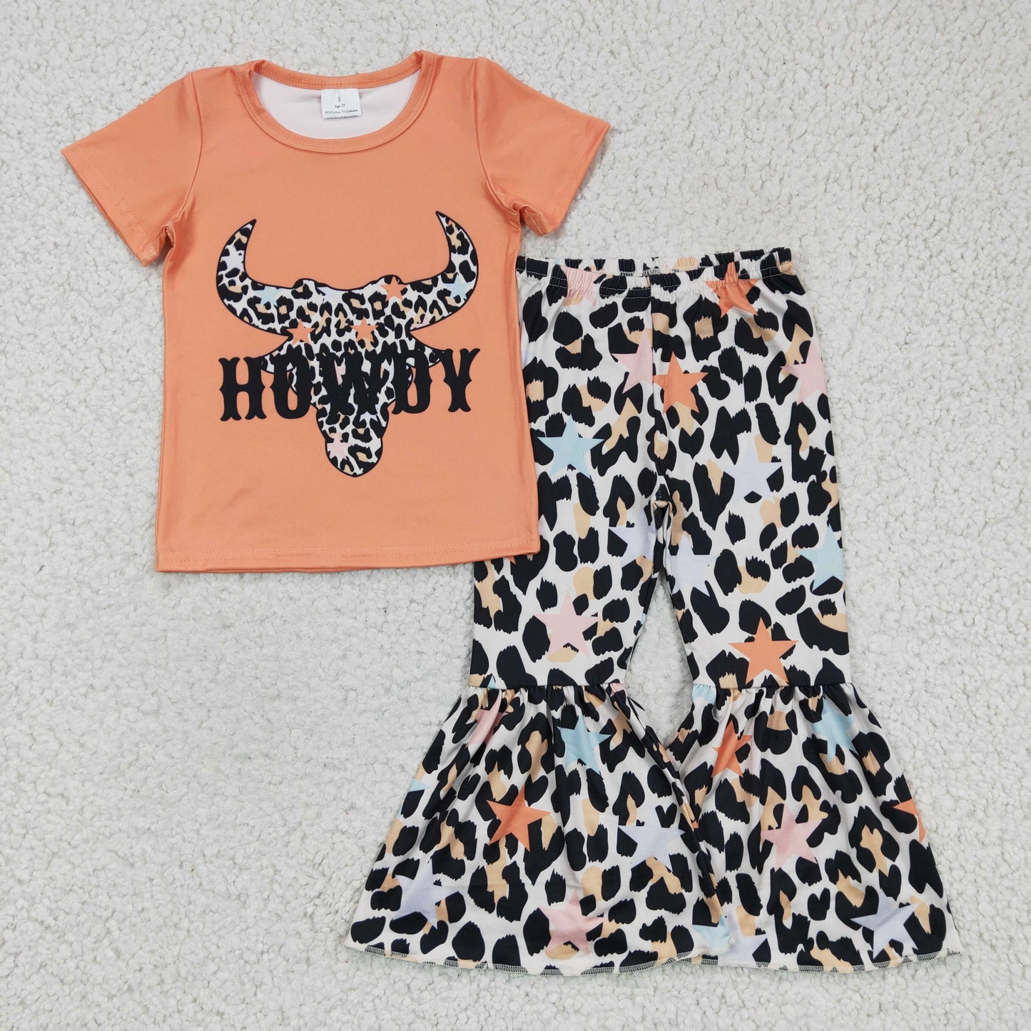 Promotion Baby Girl Howdy Western Cow Leopard Star Bell Pants Set RTS