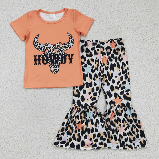 Promotion Baby Girl Howdy Western Cow Leopard Star Bell Pants Set RTS